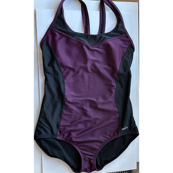 Speedo Women's Swimsuit Black Purple One Piece Fly Back Racerback Pool Beach XL - Picture 2 of 6